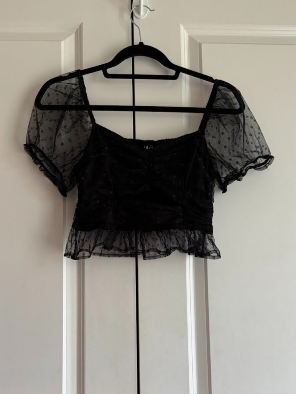 Iris Black Mesh Puff Sleeve Cut-Out Crop Top | Size Small | Coquette